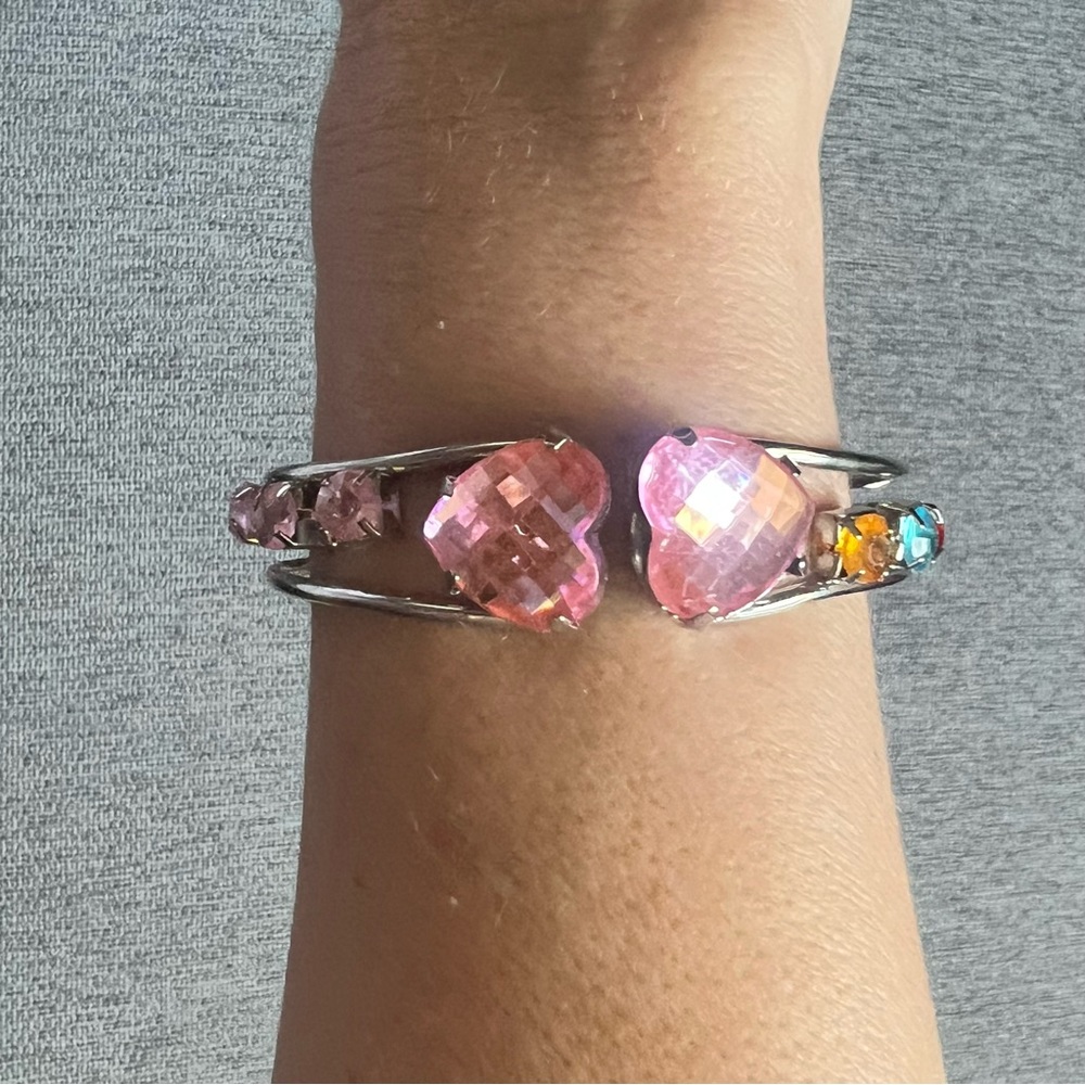Vintage Silver Tone Hinged Cuff Bracelet Pink Heart & Multicolor Rhinestones